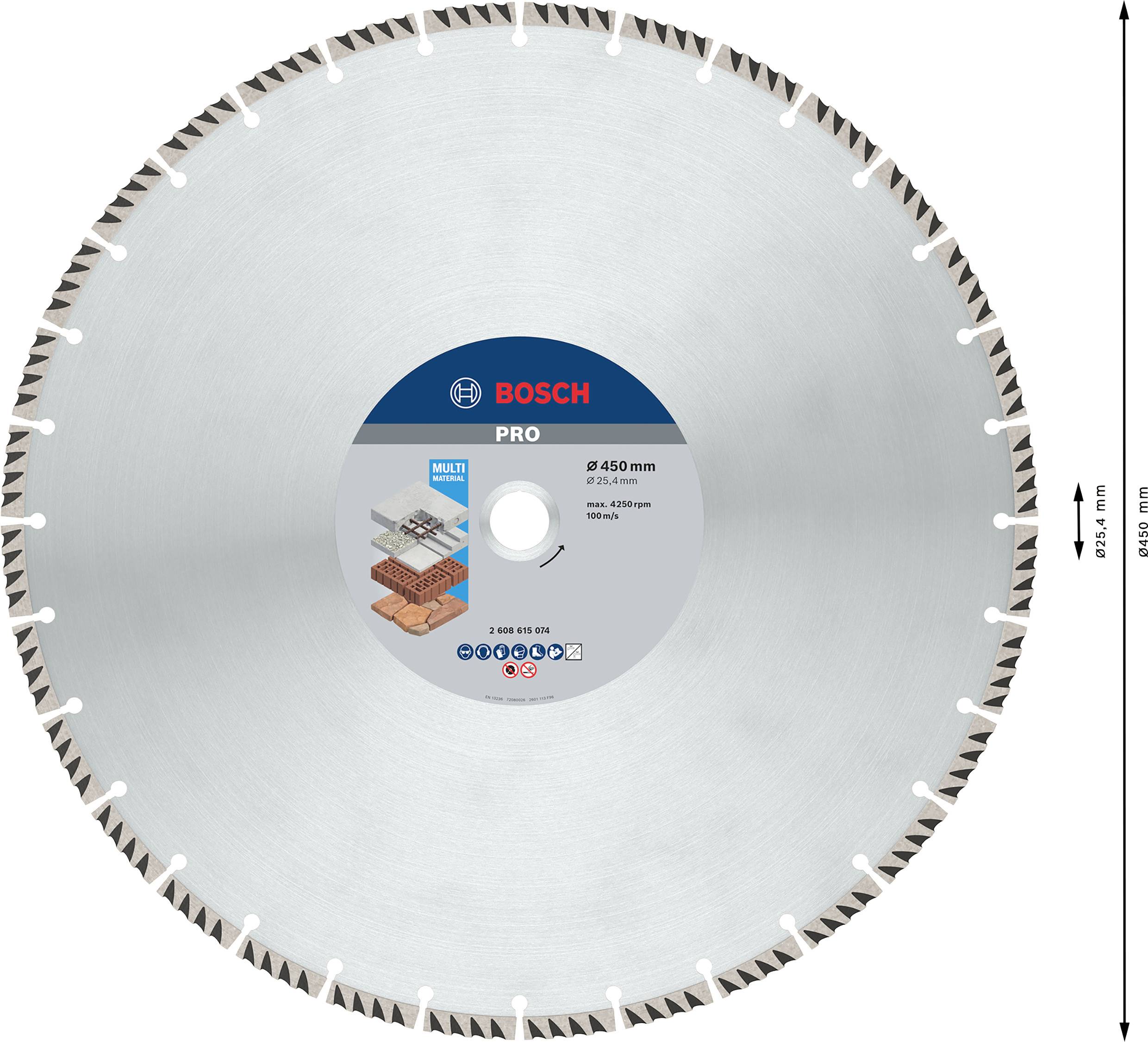 Diamantsägeblatt von Bosch, 450 mm, für Trocken- und Nassschnitt, geeignet für verschiedene Materialien wie Ziegel und Beton.