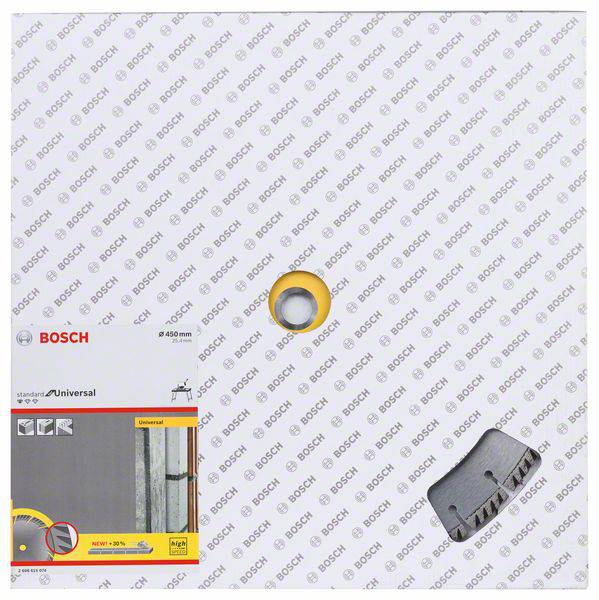Eine Verpackung von Bosch enthält ein rundes Sägeblatt, geeignet für Standardanwendungen. Enthält Hinweise zu Materialien und Anwendung.