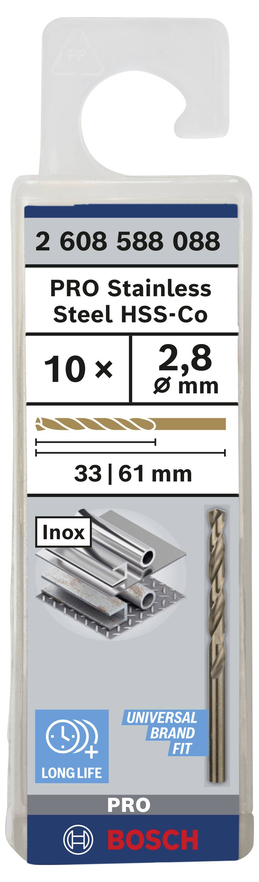 Verpackung für Bosch PRO Edelstahlbohrer. Enthält 10 Stück, 2,8 mm Durchmesser. Geeignet für Stahl, rostfrei. Länge 61 mm.