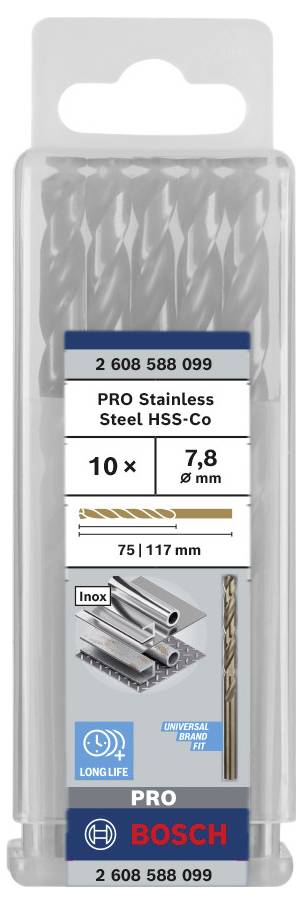 Bohraufsätze von Bosch im 10er-Pack, geeignet für Edelstahl, Größe 7,8 mm, Länge 75/117 mm, mit HSS-Co-Material für Langlebigkeit.