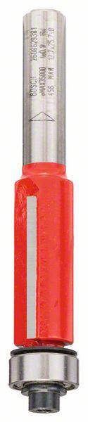 Ein Fräser mit rotem Körper und silbernem Schaft, verwendet für Holzarbeiten, mit einem Kugellager am Ende für präzise Schnitte.