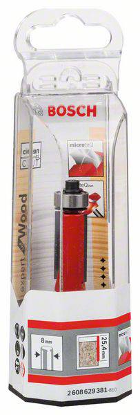 Fräser für Holz der Marke Bosch, in einer Plastikverpackung mit Informationen über Größe, Beschichtung und mögliche Anwendungen.