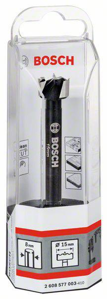 Ein Bosch Forstnerbohrer im Blisterverpackung. Verpackung zeigt Durchmesser von 15 mm und Illustrationen zur Verwendung.