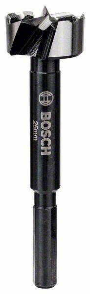 Ein 25 mm Bosch Forstnerbohrer mit schwarzem Schaft und scharfen Klingen für präzise Holzbohrungen.