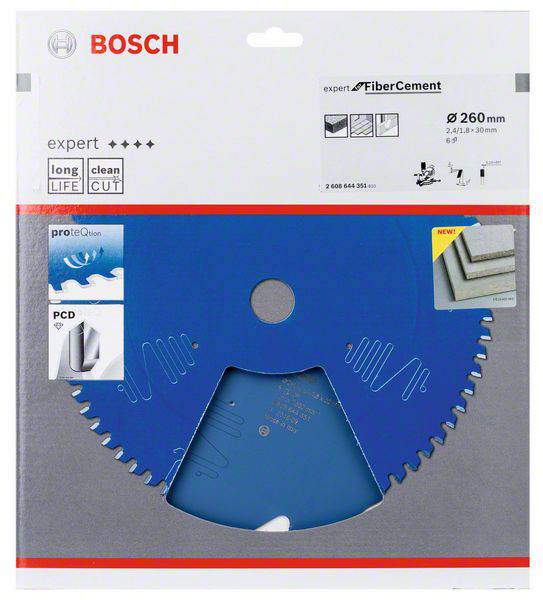 Bosch Expert FiberCement Sägeblatt, Ø260 mm, geeignet für Faserzement. Zeigt Bild von Sägeblatt, Verpackung mit wichtigen Merkmalen.