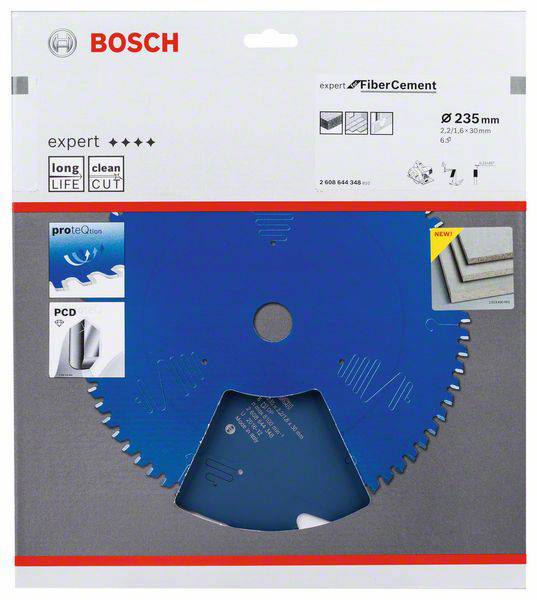Verpackung einer Bosch Sägeblatt für Faserzement, Durchmesser 235 mm. Hervorgehoben: Langlebigkeit und sauberer Schnitt.