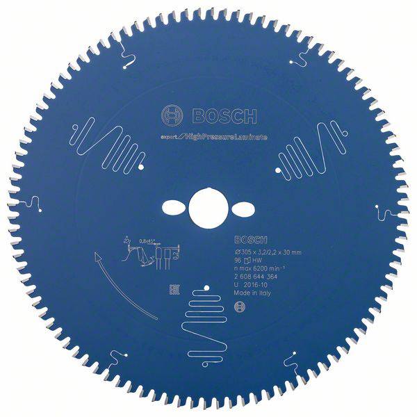 Kreissägeblatt aus Metall mit Bosch-Logo, technischen Spezifikationen und „Made in Italy“-Aufschrift. Geeignet für Holzverarbeitung.