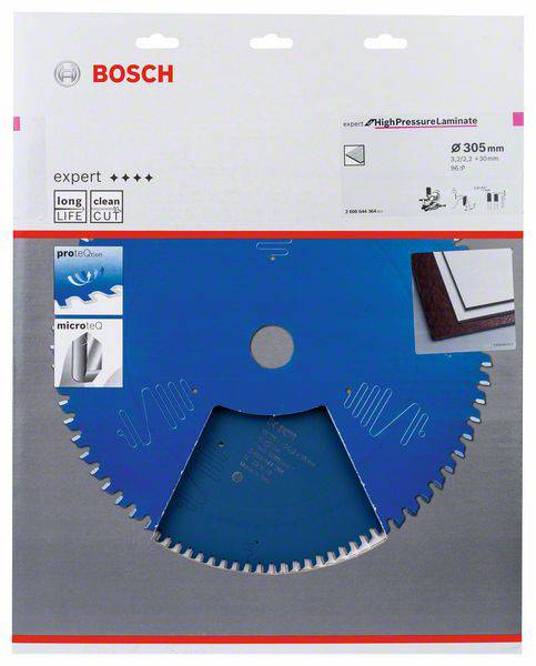 Produktverpackung mit einer blauen Bosch-Kreissägeblatt, geeignet für Hochdrucklaminate. Enthält Symbole für Langlebigkeit und präzisen Schnitt.