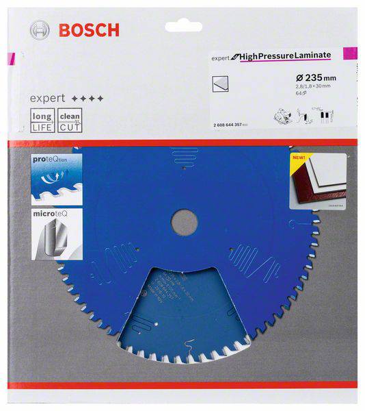 Eine Bosch Expert Sägeblattverpackung für Hochdrucklaminat. Zeigt ein blaues Sägeblatt mit 235 mm Durchmesser und Produktspezifikationen.