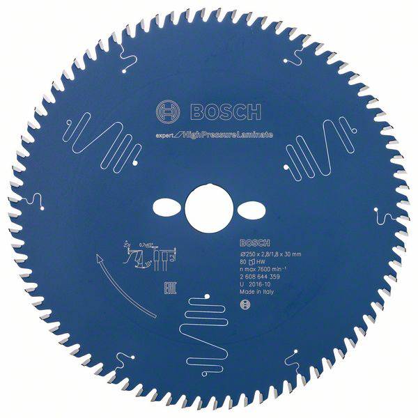 Blaues Bosch-Sägeblatt für Hochdrucklaminate, 250 mm Durchmesser, 80 Zähne. Geeignet für schnelle, präzise Schnitte.