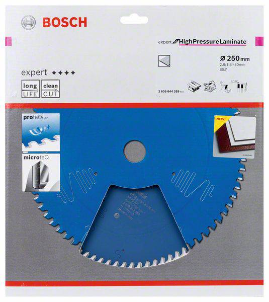 Kreissägeblatt von Bosch, speziell für Hochdrucklaminat, Durchmesser 250 mm, geringer Verschleiß, präziser Schnitt.