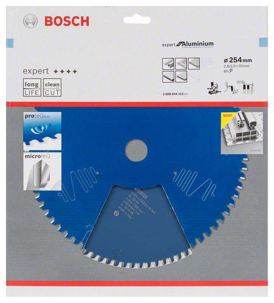 Eine Bosch Sägeblattverpackung für Aluminium mit 254 mm Durchmesser. Enthält Symbole für lange Lebensdauer und sauberen Schnitt.