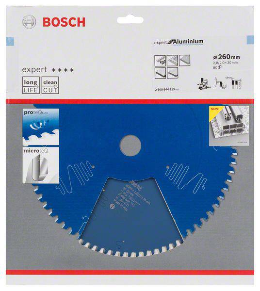 Produktfoto einer Bosch Kreissägeblattverpackung. Das Sägeblatt ist für Aluminium geeignet und hat einen Durchmesser von 260 mm.