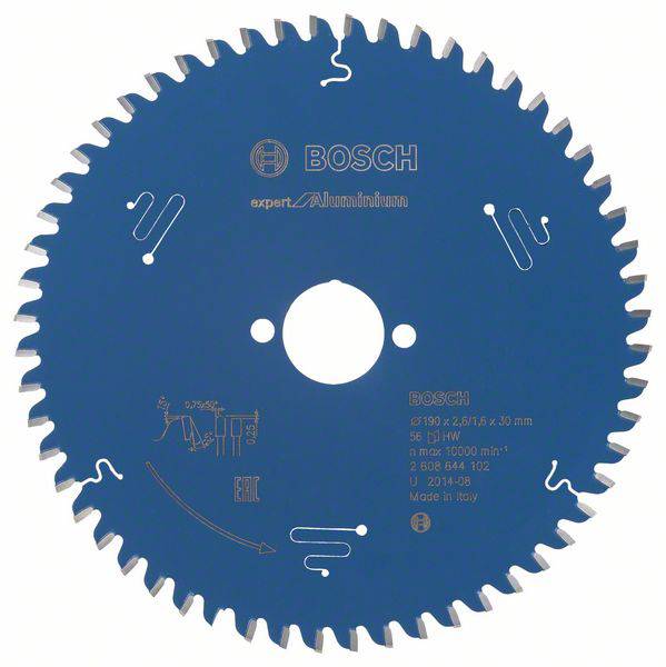 Kreissägeblatt mit blauer Beschichtung, beschriftet mit 'BOSCH', geeignet für Aluminium. Enthält technische Spezifikationen und Herkunftsland.