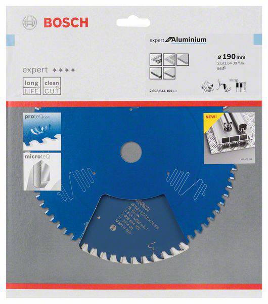 Bosch Sägeblatt für Aluminium, Durchmesser 190 mm. Verpackung zeigt Produktdetails und ist für Experten geeignet. Mikro- und ProteCoat-Technologie angepriesen.