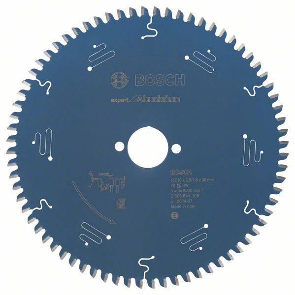 Sägeblatt mit Beschriftung 'BOSCH Expert Aluminium'. Zahlreiche Zähne, Bohrung in der Mitte, für Aluminium geeignet. Made in Italy.