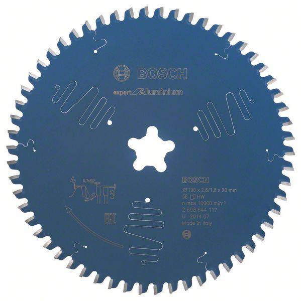 Kreissägeblatt von Bosch, geeignet für Aluminium, Durchmesser 210 mm, 72 Zähne, max. Drehzahl 10.000 U/min, hergestellt in Italien.