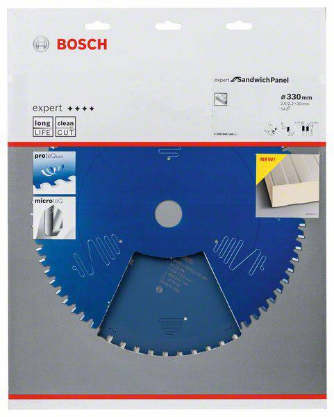 Blaues Sägeblatt von Bosch für Sandwichplatten, mit 330 mm Durchmesser. Verpackung zeigt Einsatzmöglichkeiten und Qualitätshinweise.