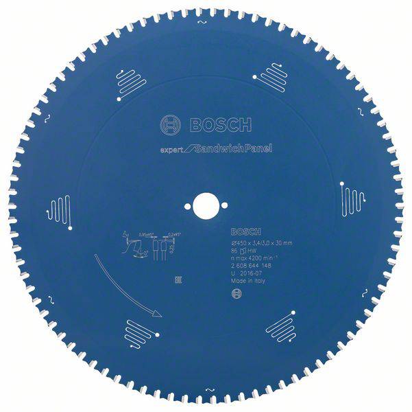 Kreissägeblatt mit blauer Beschichtung, Marke Bosch, mit Zähnen für Schneiden von Verbundmaterialien, Durchmesser 240 mm.