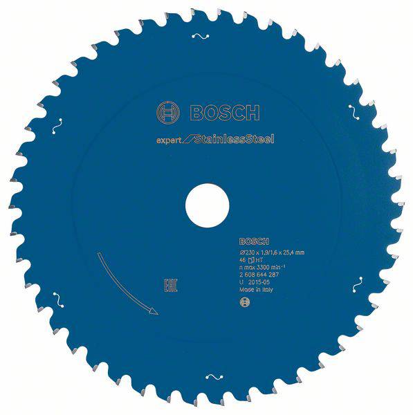 Blaues Sägeblatt von Bosch für Edelstahl, rund mit scharfen Zähnen. Modell 'Expert for Stainless Steel', hergestellt in Italien.