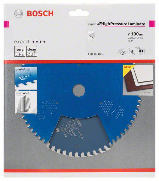 Verpackung einer Bosch-Sägeblatt für Hochdrucklaminat. Zeigt blaue Klinge, Produktinformationen und Symbole für Material und Haltbarkeit.