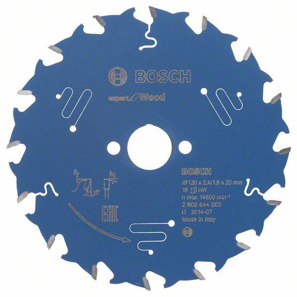 Kreissägeblatt aus Metall, blau, mit Beschriftung zum Schneiden von Holz. Marke: Bosch. Durchmesser: 130 mm. Made in Italy.