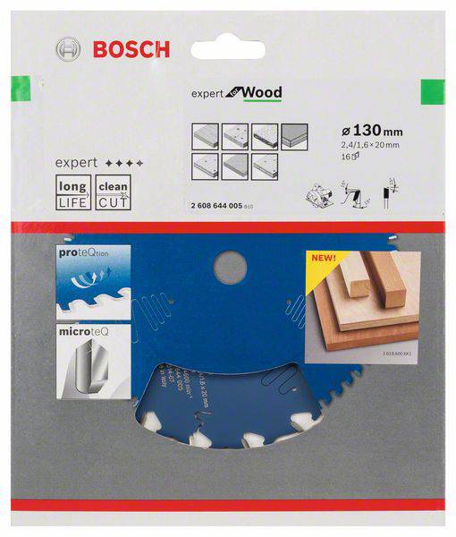 Bosch Kreissägeblatt für Holz, 130 mm Durchmesser, 16 Zähne. Hervorgehobene Eigenschaften: lange Lebensdauer, saubere Schnitte.