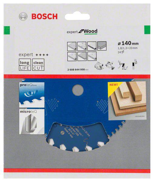 Verpackung eines Bosch Expert Wood Kreissägeblatts, 140 mm Durchmesser, geeignet für saubere Schnitte in Holz. Enthält Abbilder des Blattes und Anwendungsbilder.