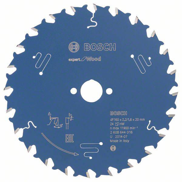 Kreissägeblatt von Bosch für Holz, Durchmesser 160 mm, 24 Zähne, geeignet für Hochleistungseinsätze, blaues Design, hergestellt in Italien.
