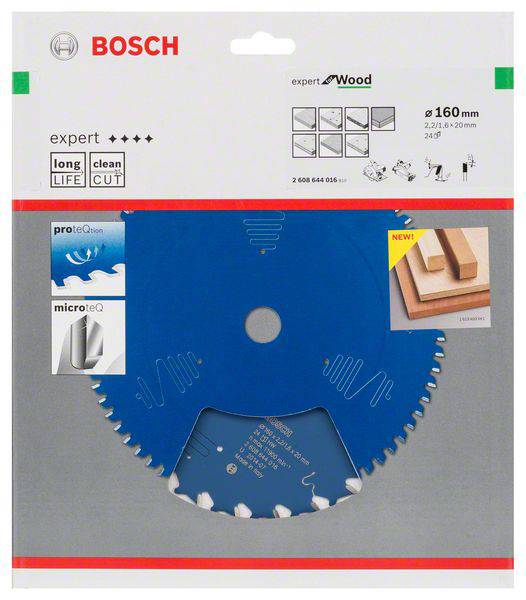 Kreissägeblatt-Verpackung von Bosch mit blauer Scheibe. Hervorhebung auf Langlebigkeit und sauberem Schnitt. Geeignet für Holz.