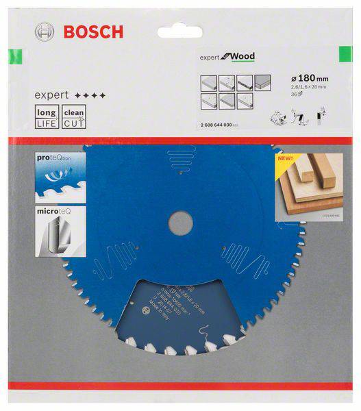 Verpackung einer Bosch Sägeblattklinge: Blaues Blatt für Holz, 180 mm Durchmesser, langlebig, sauberer Schnitt, für präzise Holzarbeiten.