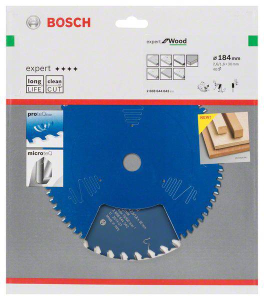 Verpackung eines Bosch Expert Holzsägeblatts, 184mm Durchmesser. Geeignet für saubere Schnitte. Zeigt Bilder und Text zu Produktdetails.