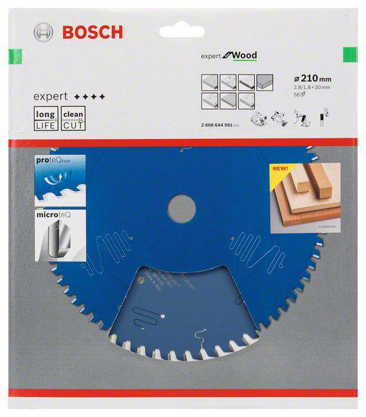 Verpackung einer Bosch Kreissägeblatt für Holzarbeiten. Das blaue Blatt mit 64 Zähnen verspricht langen Lebenszyklus und saubere Schnitte.