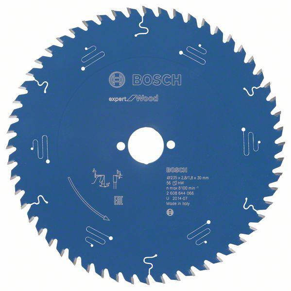 Kreissägeblatt von Bosch für Holzbearbeitung, 254 mm Durchmesser, blau, mehrere Zähne mit Aufdrucken zur Spezifikation und Nutzung.