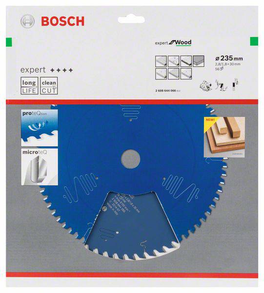 Verpackung eines Bosch Sägeblatts für Holz, Durchmesser 235 mm, Expert-Serie, betont lange Lebensdauer und saubere Schnitte.