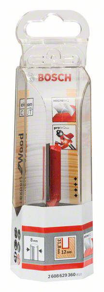 Verpackung eines Bosch-Sägeblatts für Holz. Enthält ein rotes Blatt, geeignet für Präzisionsschnitte. Schnittstärke: 8 mm.