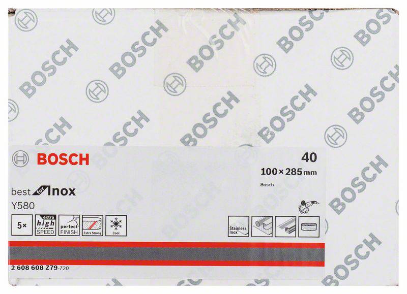 Bosch Inox Schleifpapier Y580, 100x285 mm, Korn 40, beständig, 5 Stück pro Packung, für Metallbearbeitung geeignet.