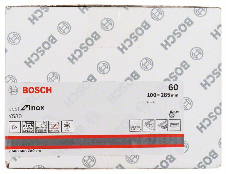 Verpackung eines Bosch Schleifbandes, Modell 'best for Inox', Größe 100 x 285 mm, geeignet für Edelstahlbearbeitung.