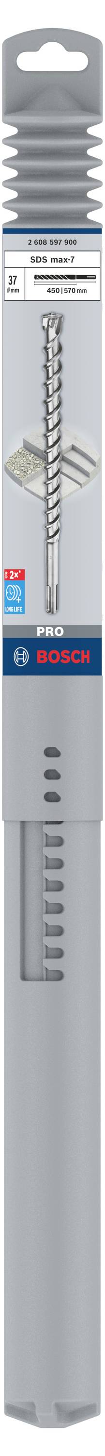 Steinbohrer verpackt, markiert mit 'BOSCH' und 'SDS Plus-7X'. Design für Beton und Mauerwerk. Gezeigt in einer grauen Kunststoffverpackung.
