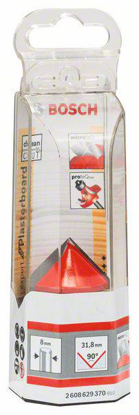 Verpackung eines Bosch-Werkzeugs, speziell ein Kantenfräser mit den Maßen 31,8 mm und einem Winkel von 90 Grad, zum Schneiden.