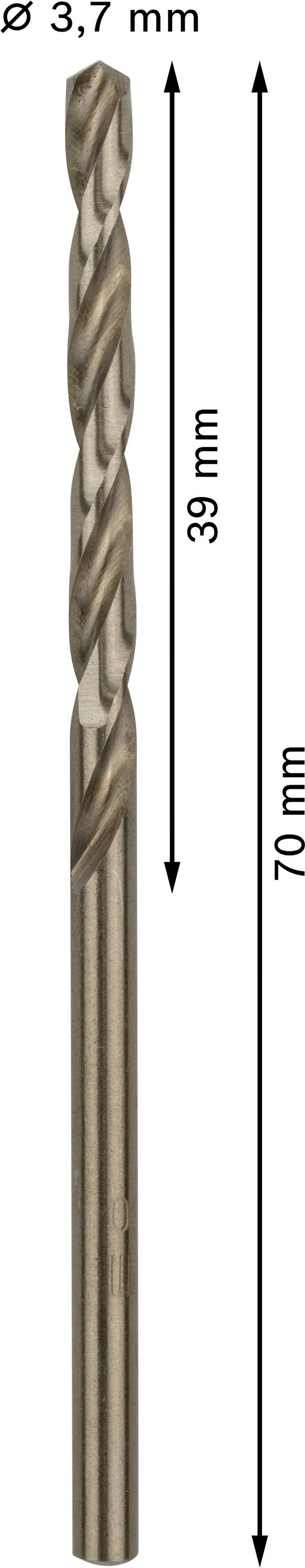 Metallbohrer 3,7 mm Durchmesser, Gesamtlänge 70 mm, Schneidlänge 39 mm.