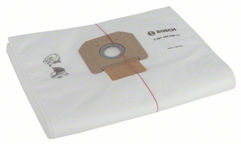 Staubsaugerbeutel aus Papier mit Bosch-Logo und Aufdruck '2 607 432 108-000', passend für verschiedene Staubsaugermodelle.