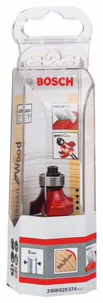 Eine Verpackung mit einem Bosch Fräser für Holzarbeiten. Enthält einen 8-mm-Fräser mit rotem Schneidkopf.