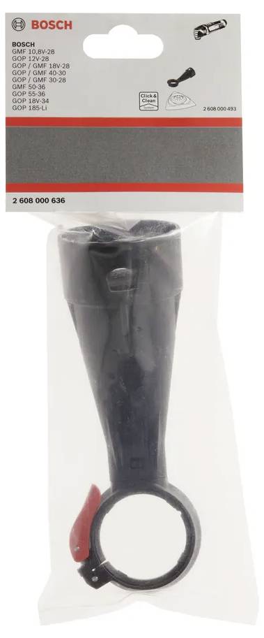 Bosch-markierte Kunststoffverpackung, die ein schwarzes Werkzeugzubehör mit einer Rundklemme und einem roten Verschluss enthält, das für die Anbringung an bestimmte Bosch-Modelle konzipiert ist.