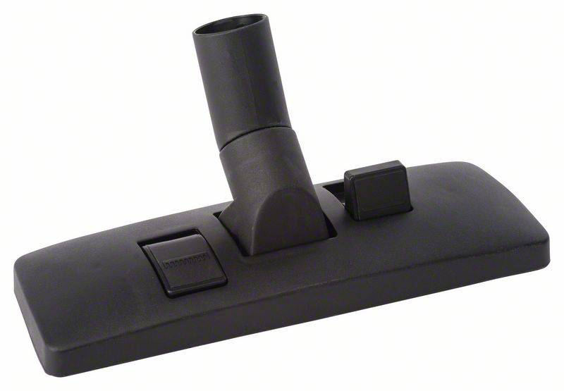 Ein schwarzer Staubsaugeraufsatz mit rechteckiger Form und zwei Schaltern. Der Anschluss ist nach oben geneigt.