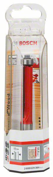 Verpackung eines Boschs Fräsers mit rotem Schaft, geeignet für Holzarbeiten. Zeigt Produktdetails wie Durchmesser und Materialbeschreibung.