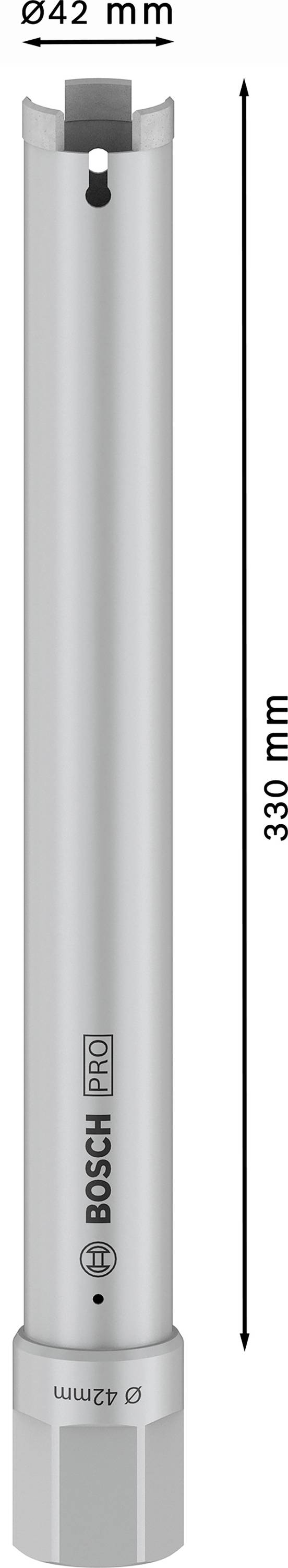 Bohrkrone mit 42 mm Durchmesser und 330 mm Länge, silberne Zylinderform, mit Bosch Pro Aufschrift.