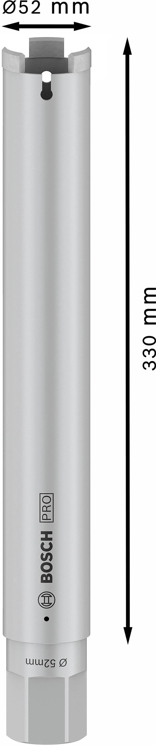 Silberne Bohrkrone von Bosch mit einem Durchmesser von 52 mm und einer Länge von 330 mm.