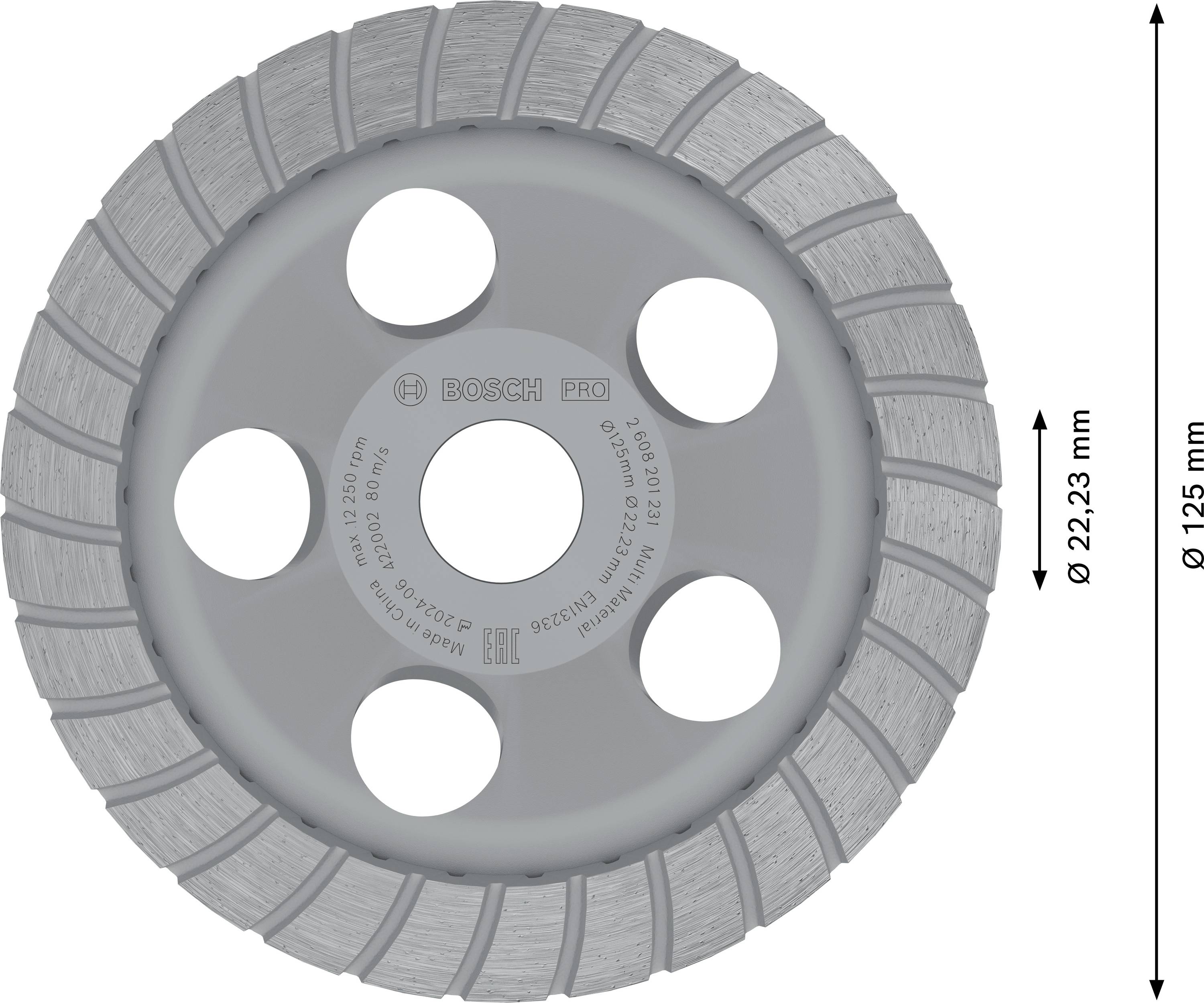 'Bosch PRO' Schleifscheibe mit 22,23 mm Bohrung und 125 mm Durchmesser, speziell für Beton und Steinoberflächen geeignet.