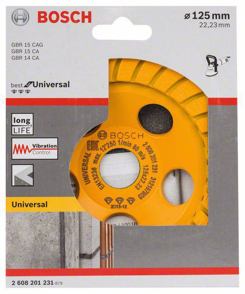 Bosch Universal Trennscheibe für Metall, 125 mm Durchmesser, 22,23 mm Bohrung. Geeignet für Metall-, Vibrationskontrolllabel.